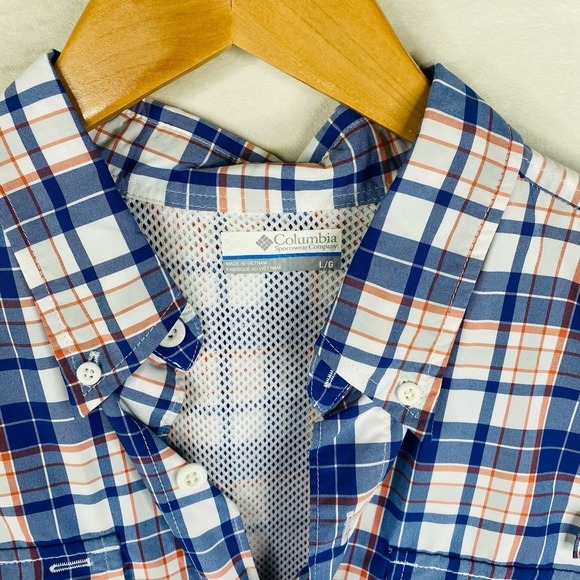 Columbia PFG Blue White Orange Plaid Print Short Sleeve Fishing Shirt Size Large - Picture 3 of 4